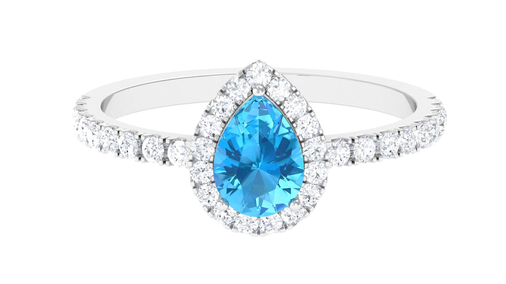 1 CT Swiss Blue Topaz Teardrop Engagement Ring with Diamond Halo Swiss Blue Topaz - ( AAA ) - Quality - Rosec Jewels