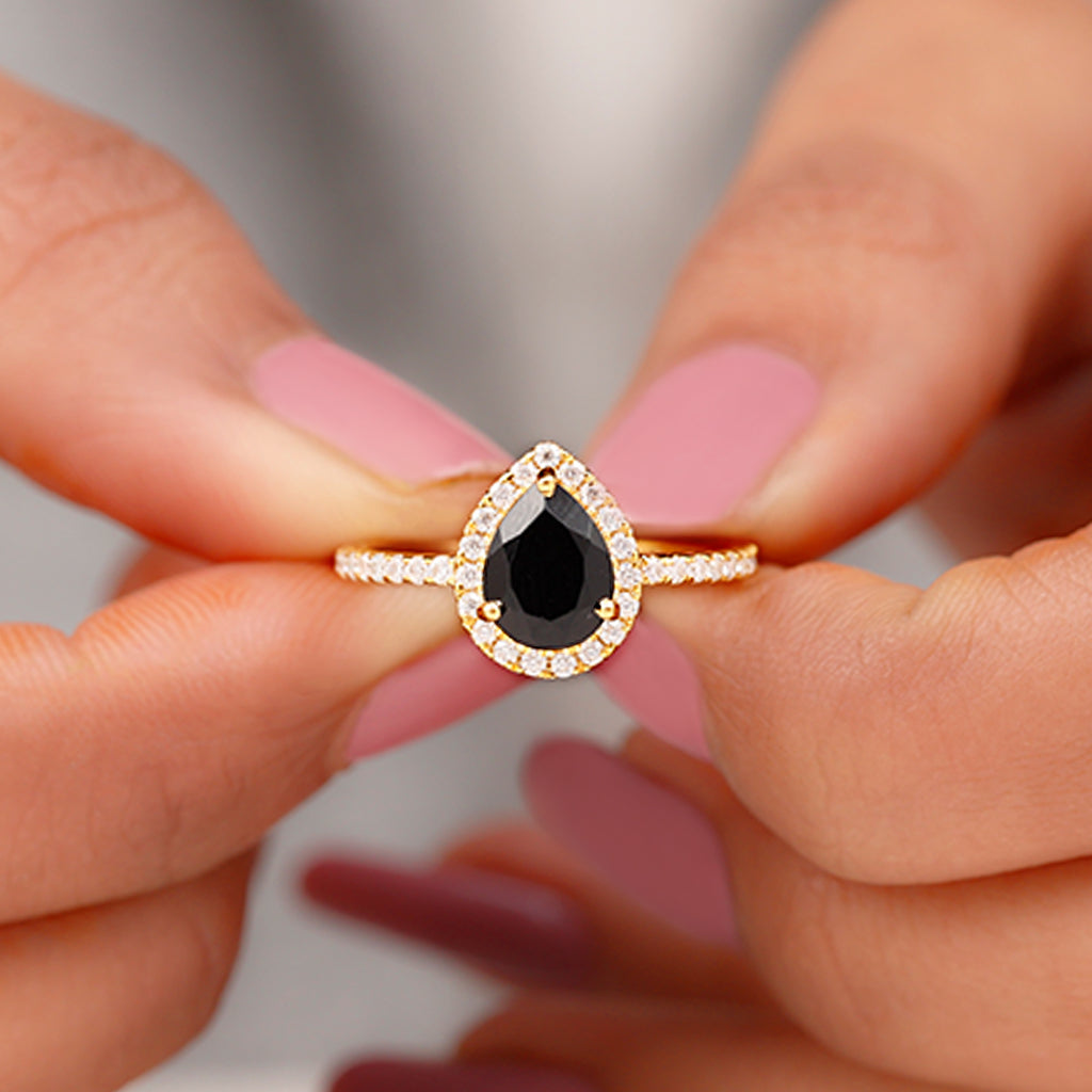 Lab-Created Black Diamond Teardrop Engagement Ring with Diamond Halo Lab Created Black Diamond - ( AAAA ) - Quality - Rosec Jewels