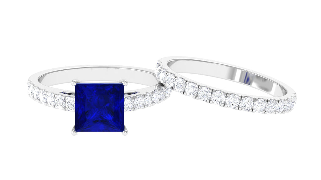Princess Cut Lab Grown Blue Sapphire Solitaire Ring Set with Moissanite Lab Created Blue Sapphire - ( AAAA ) - Quality - Rosec Jewels