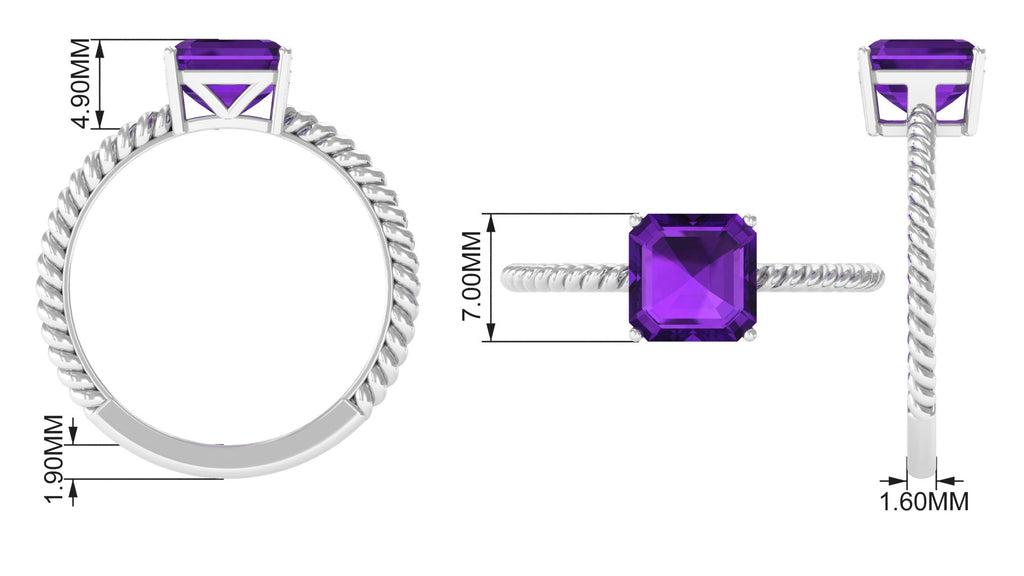 Asscher Cut Amethyst Solitaire Ring with Twisted Rope Amethyst - ( AAA ) - Quality - Rosec Jewels