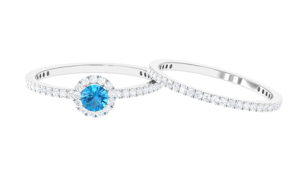 Minimal Round Shape Swiss Blue Topaz Halo Ring Set with Diamond Swiss Blue Topaz - ( AAA ) - Quality - Rosec Jewels