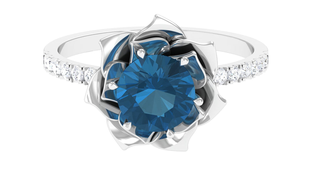London Blue Topaz Flower Engagement Ring with Diamond London Blue Topaz - ( AAA ) - Quality - Rosec Jewels