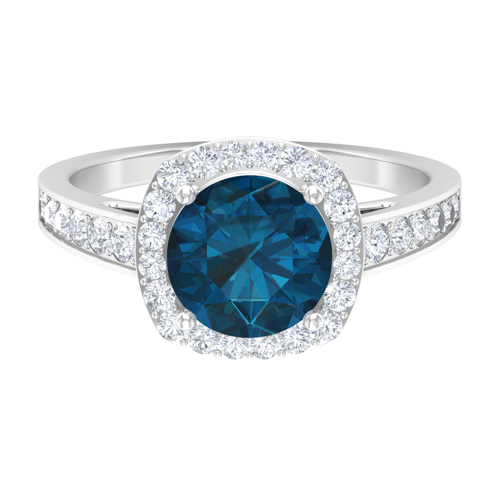 Round London Blue Topaz Classic Halo Ring with Diamond London Blue Topaz - ( AAA ) - Quality - Rosec Jewels