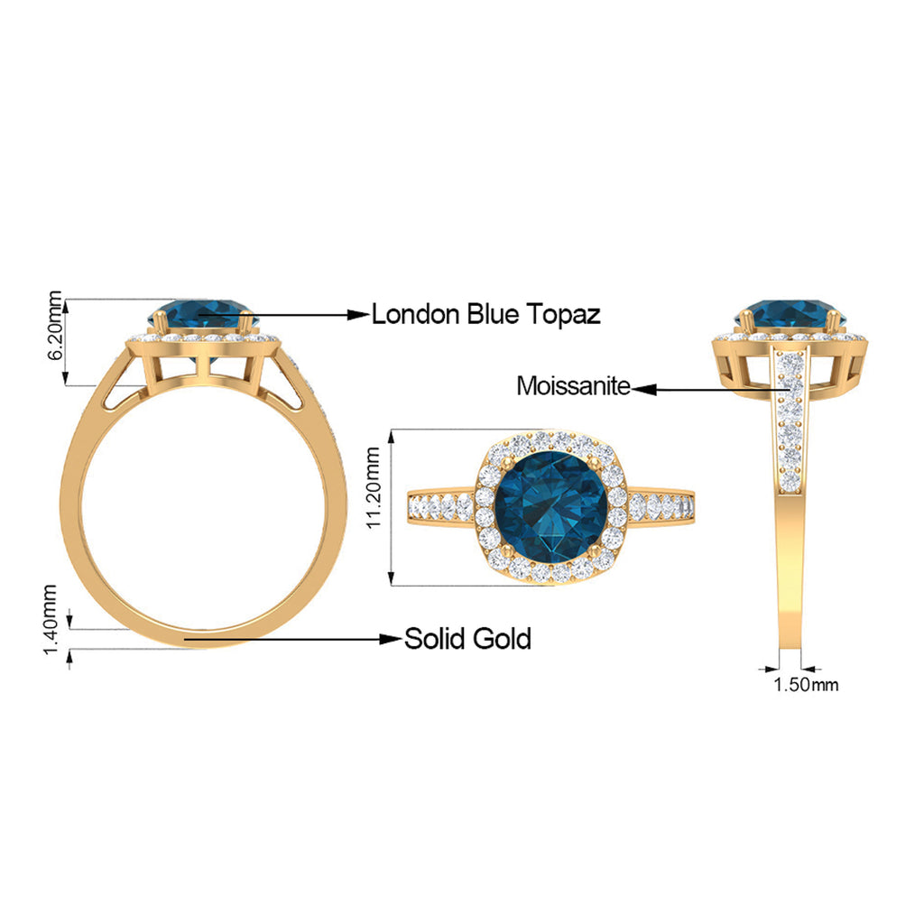 Round London Blue Topaz Classic Halo Ring with Diamond London Blue Topaz - ( AAA ) - Quality - Rosec Jewels