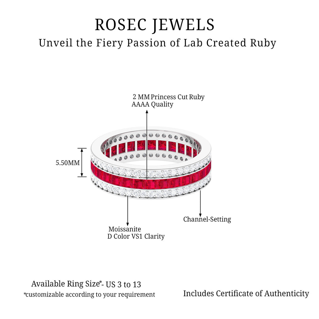 3 CT Princess Cut Lab Created Ruby and Moissanite Wedding Band Lab Created Ruby - ( AAAA ) - Quality - Rosec Jewels