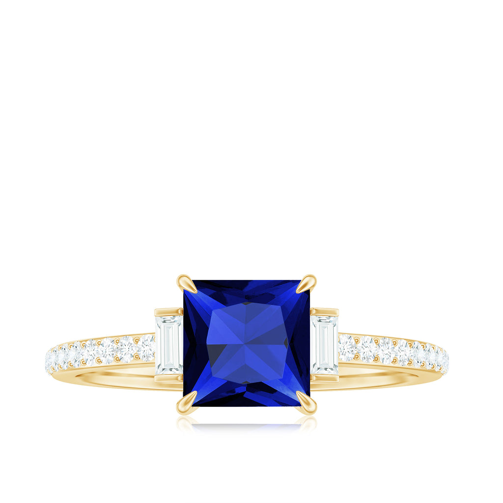 Lab Created Blue Sapphire Solitaire Ring with Diamond Stones Lab Created Blue Sapphire - ( AAAA ) - Quality - Rosec Jewels