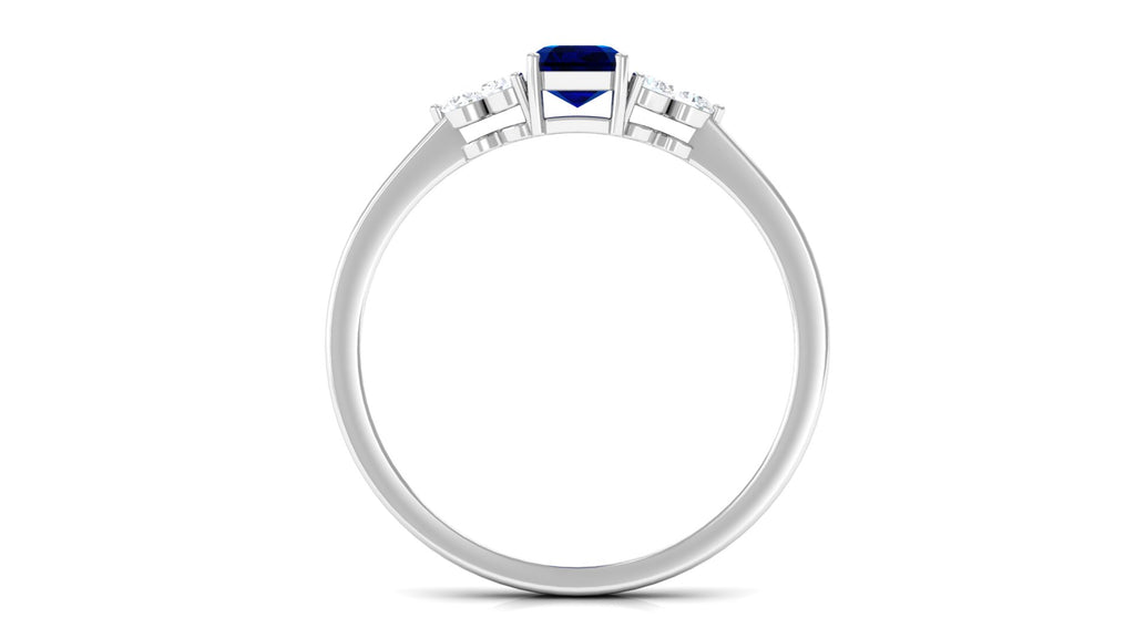 Emerald Cut Created Blue Sapphire Solitaire Ring with Diamond Trio Lab Created Blue Sapphire - ( AAAA ) - Quality - Rosec Jewels
