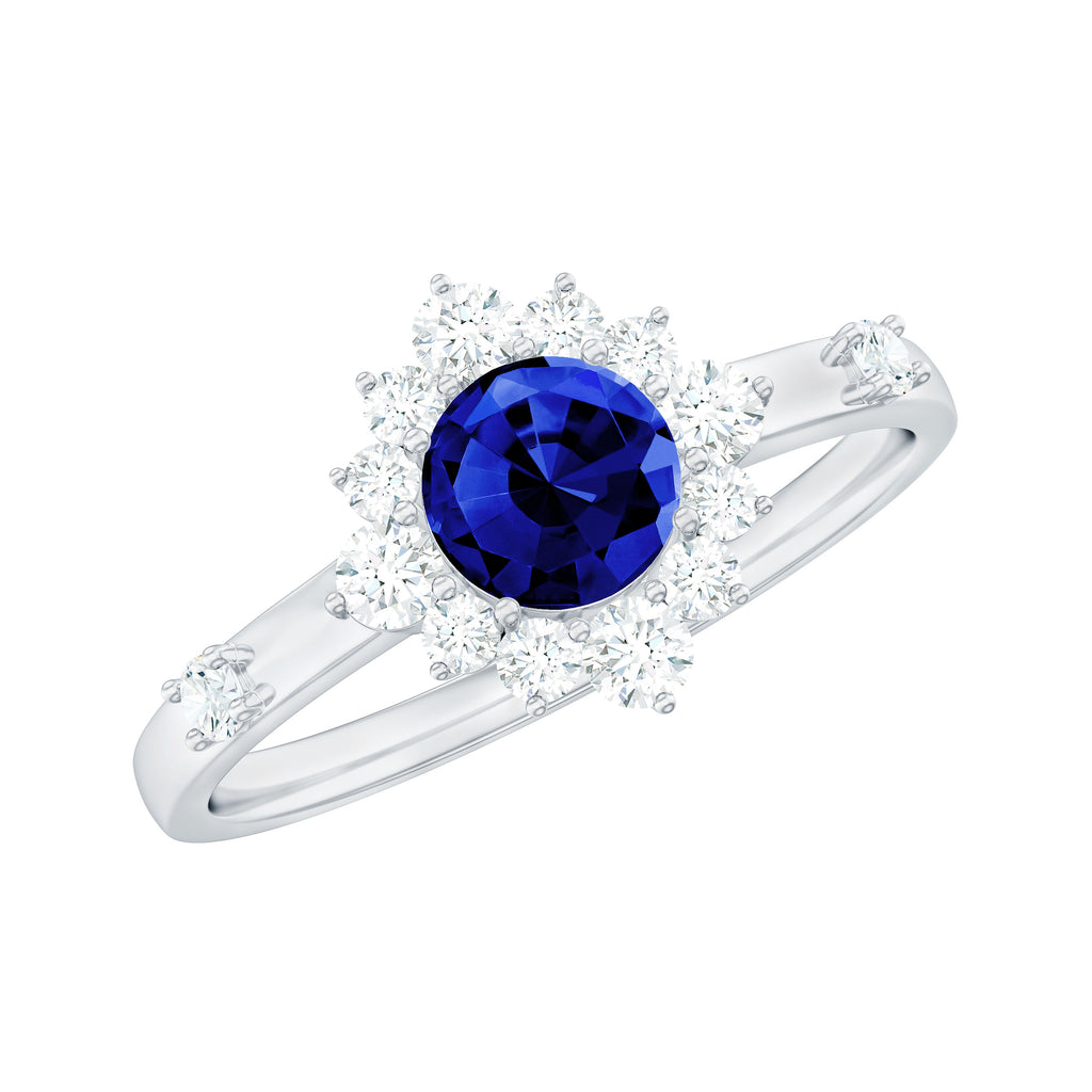Created Blue Sapphire Classic Halo Engagement Ring with Diamond Lab Created Blue Sapphire - ( AAAA ) - Quality - Rosec Jewels