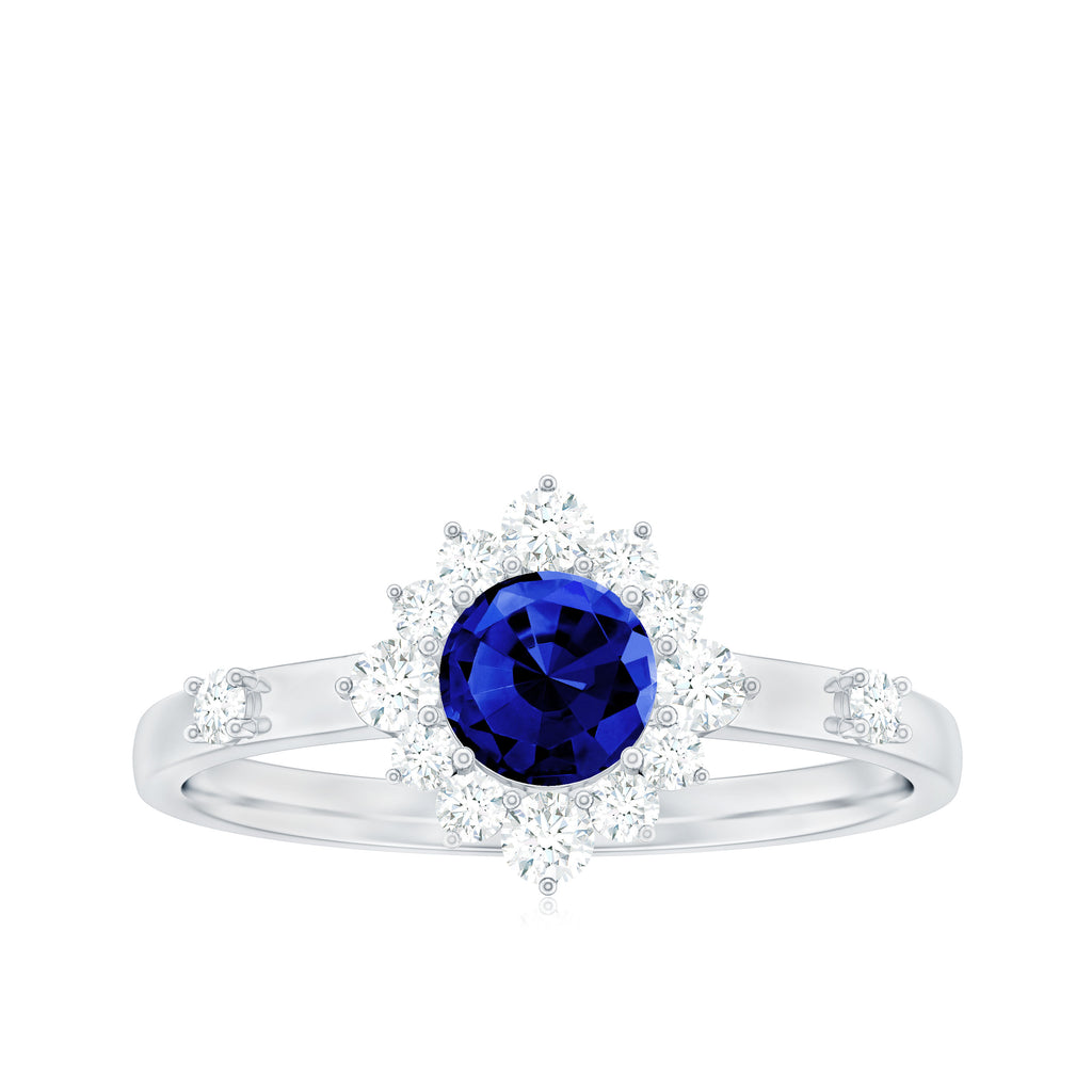 Created Blue Sapphire Classic Halo Engagement Ring with Diamond Lab Created Blue Sapphire - ( AAAA ) - Quality - Rosec Jewels
