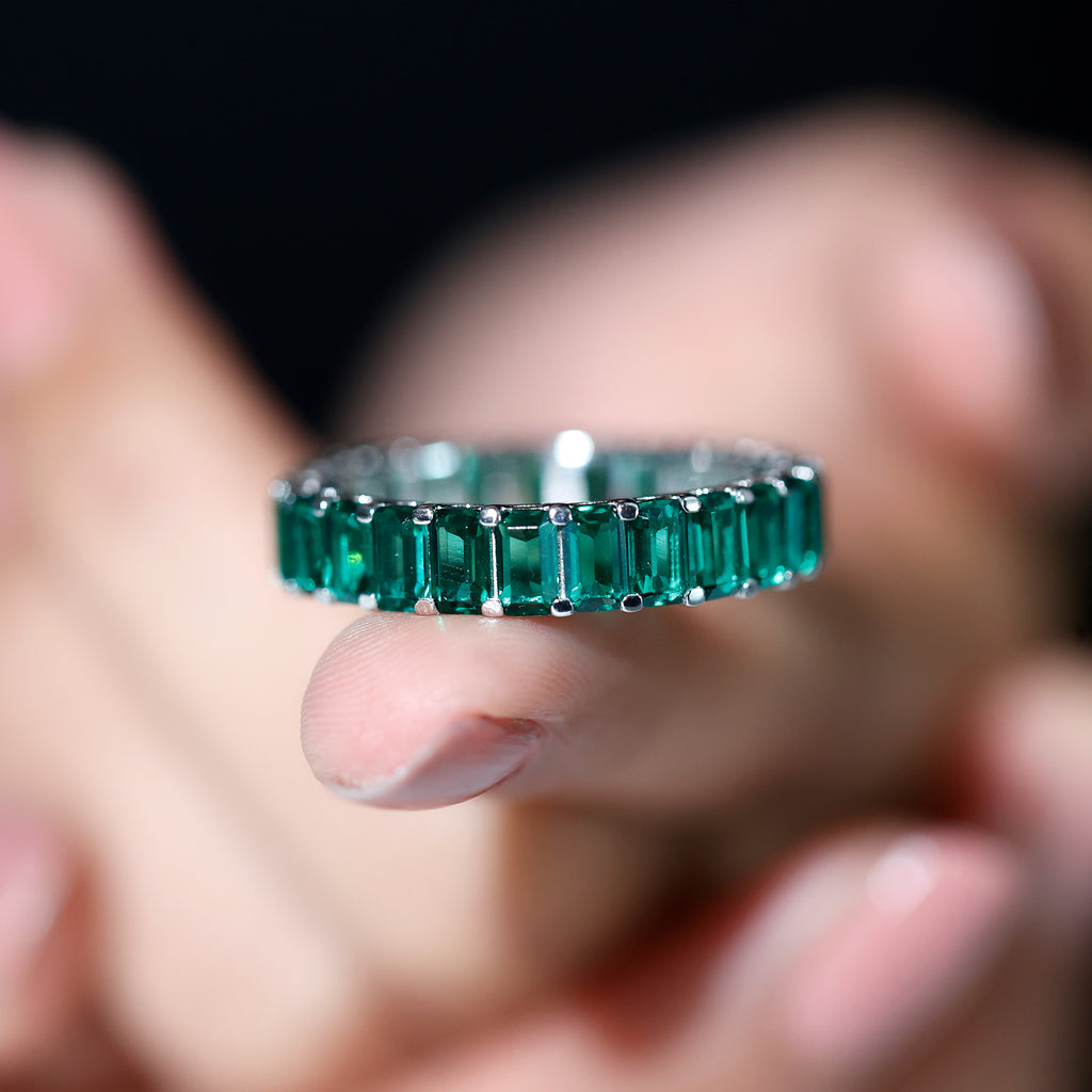Emerald Cut Lab Grown Emerald Eternity Band Ring Lab Created Emerald - ( AAAA ) - Quality - Rosec Jewels