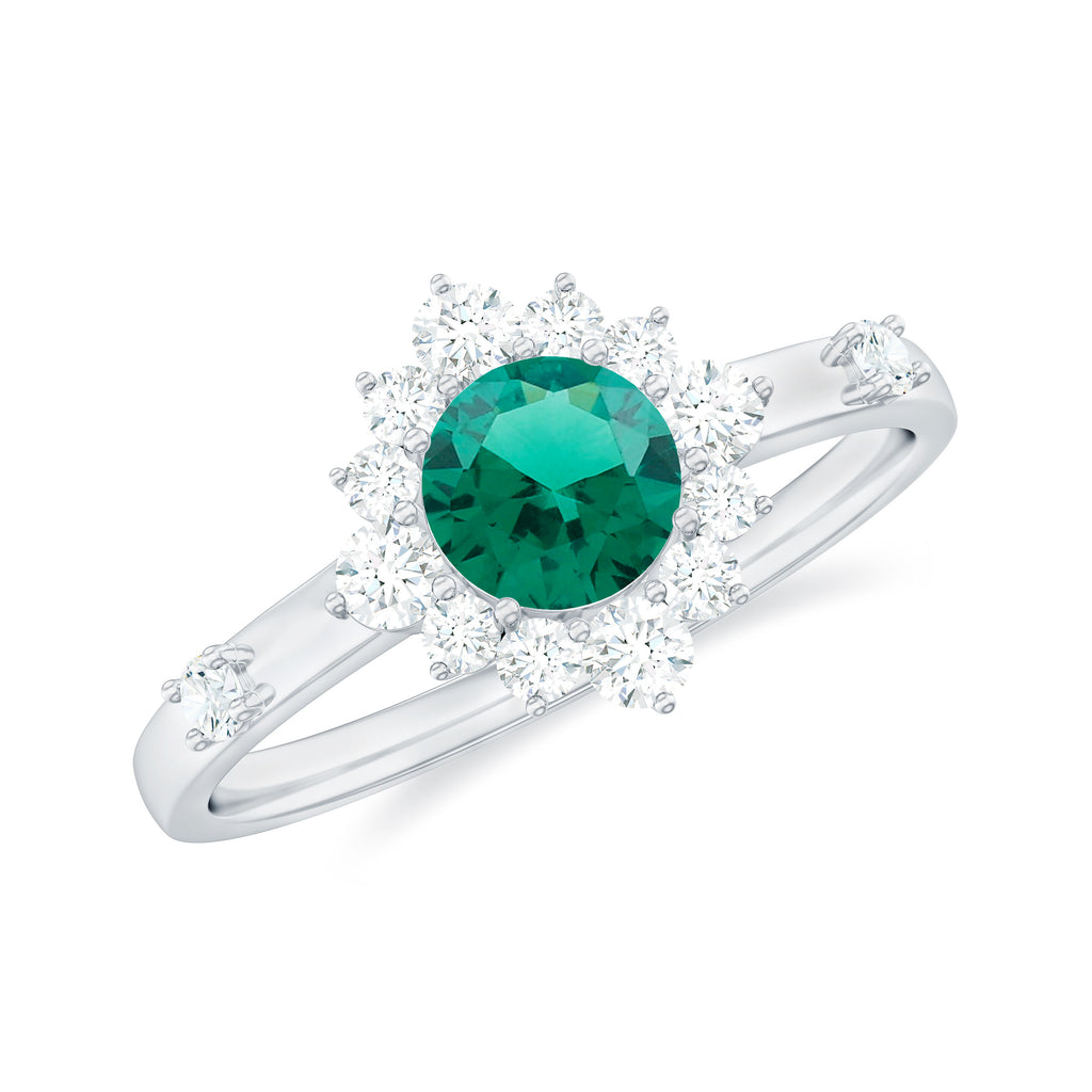 1 CT Round Created Emerald Classic Halo Engagement Ring with Diamond Lab Created Emerald - ( AAAA ) - Quality - Rosec Jewels