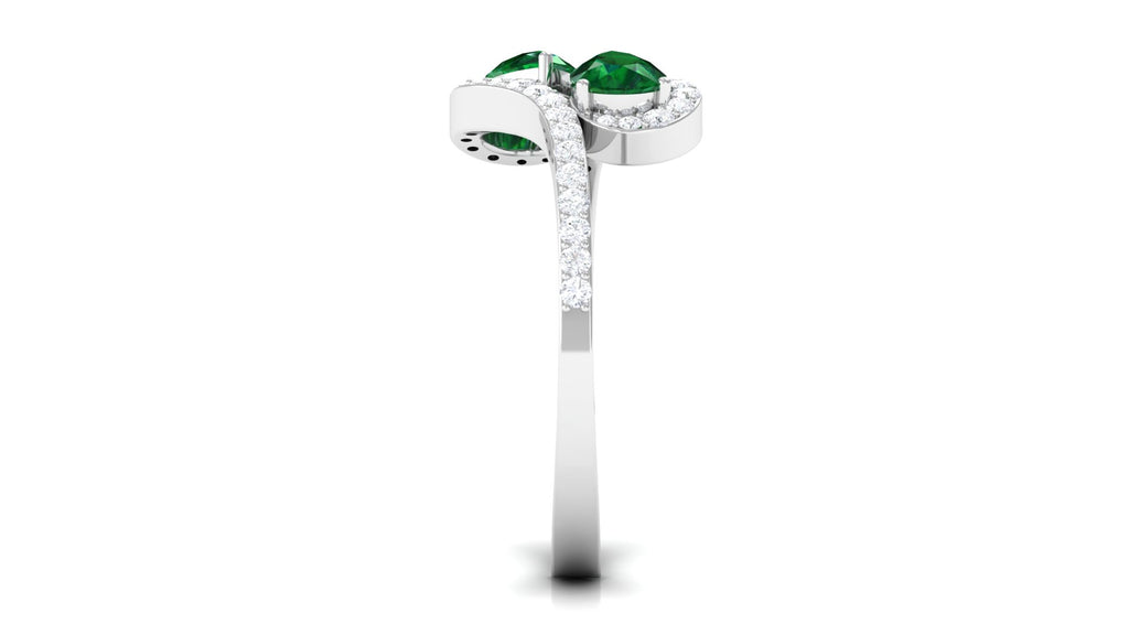 Pear Shape Created Emerald and Diamond Bypass Engagement Ring Lab Created Emerald - ( AAAA ) - Quality - Rosec Jewels