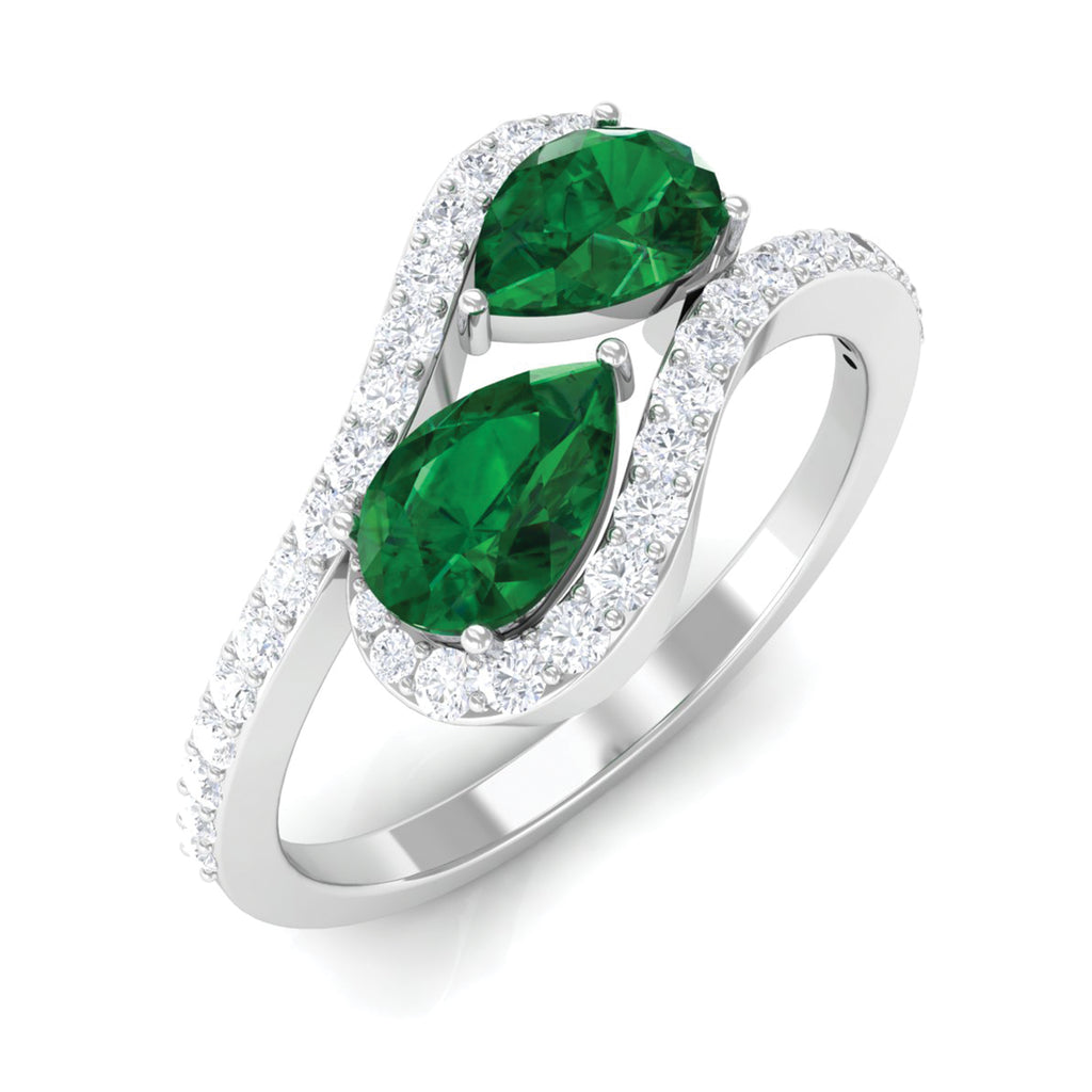 Pear Shape Created Emerald and Diamond Bypass Engagement Ring Lab Created Emerald - ( AAAA ) - Quality - Rosec Jewels