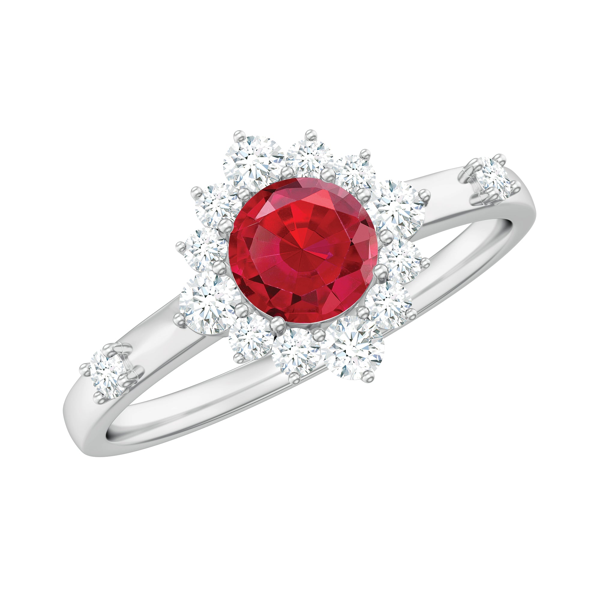 Round Created Ruby Classic Halo Engagement Ring with Diamond Lab Created Ruby - ( AAAA ) - Quality - Rosec Jewels