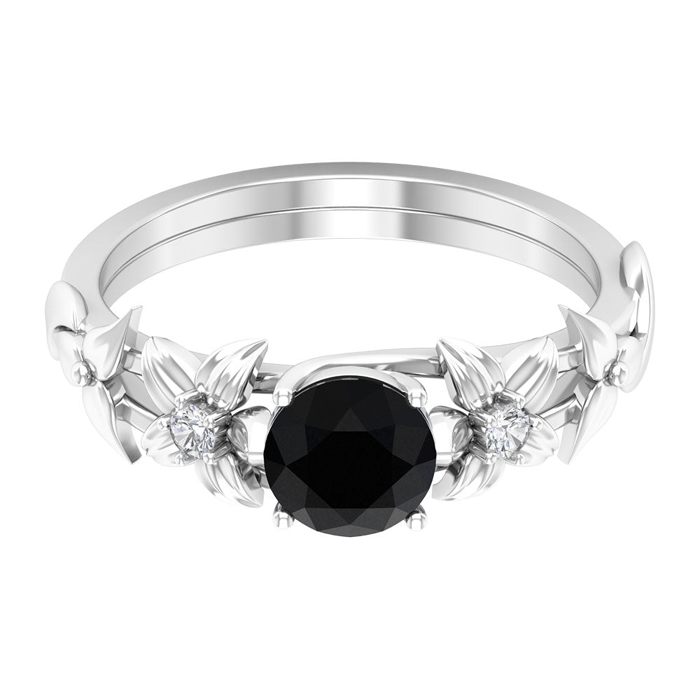 Black Spinel Floral Solitaire Ring with Diamond Black Spinel - ( AAA ) - Quality - Rosec Jewels