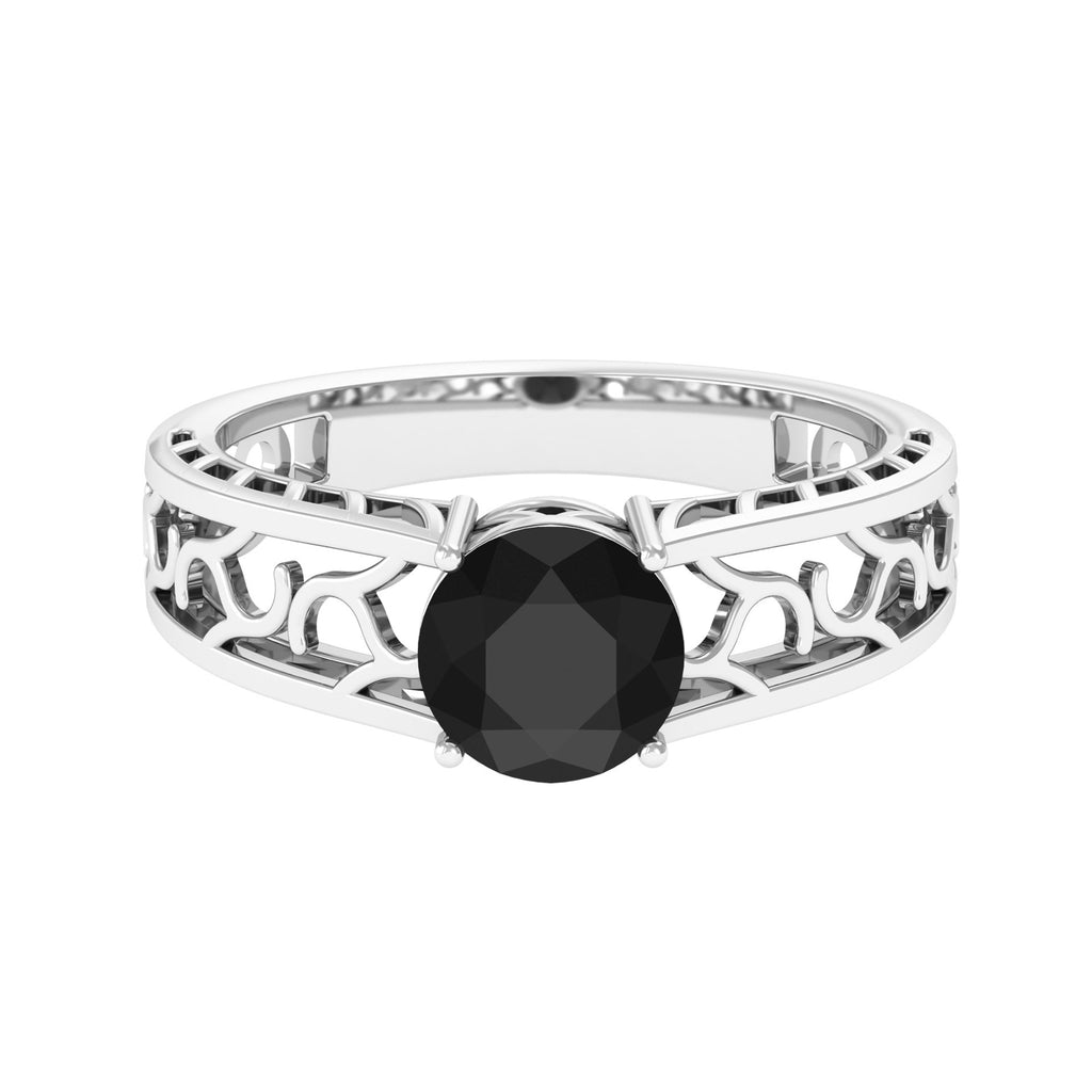 Black Onyx Solitaire Band Ring with Cut Work Black Onyx - ( AAA ) - Quality - Rosec Jewels