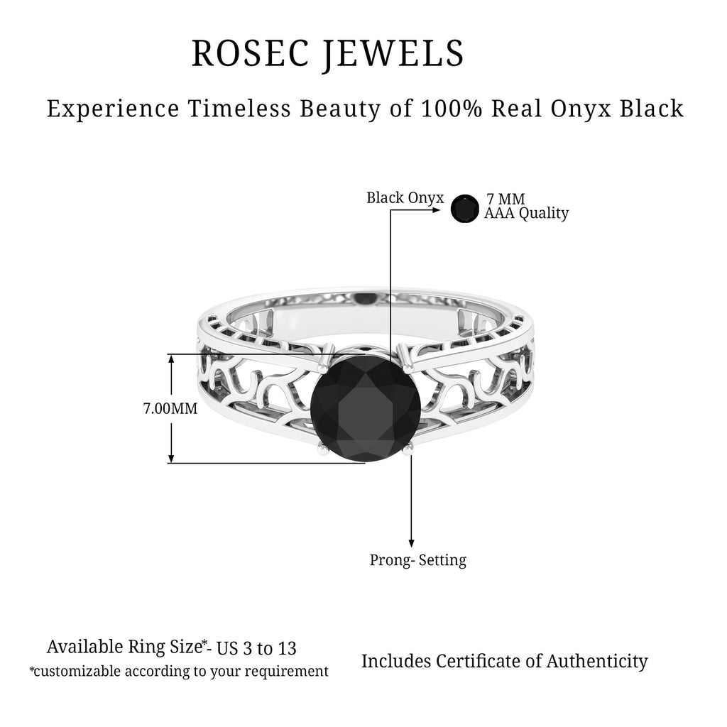 Black Onyx Solitaire Band Ring with Cut Work
