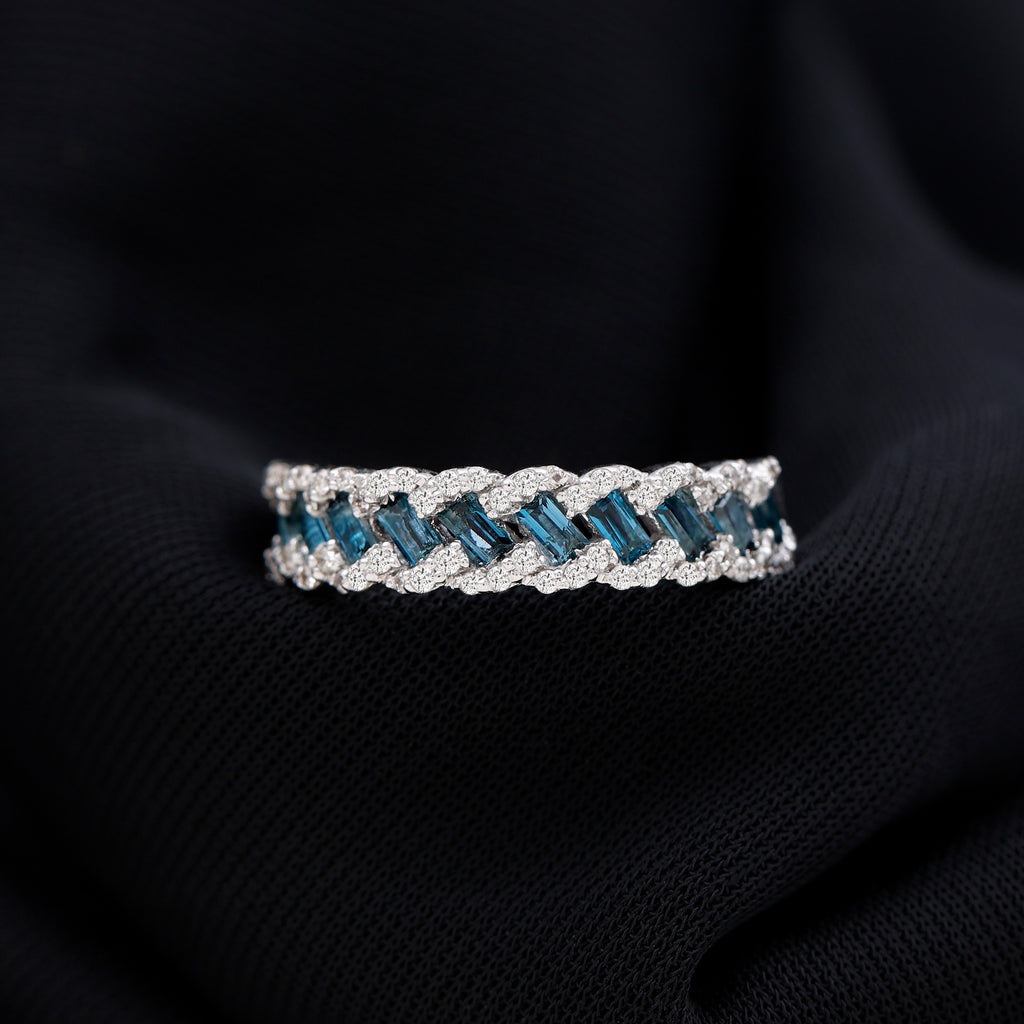 Baguette London Blue Topaz and Diamond Braided Half Eternity Band Ring London Blue Topaz - ( AAA ) - Quality - Rosec Jewels