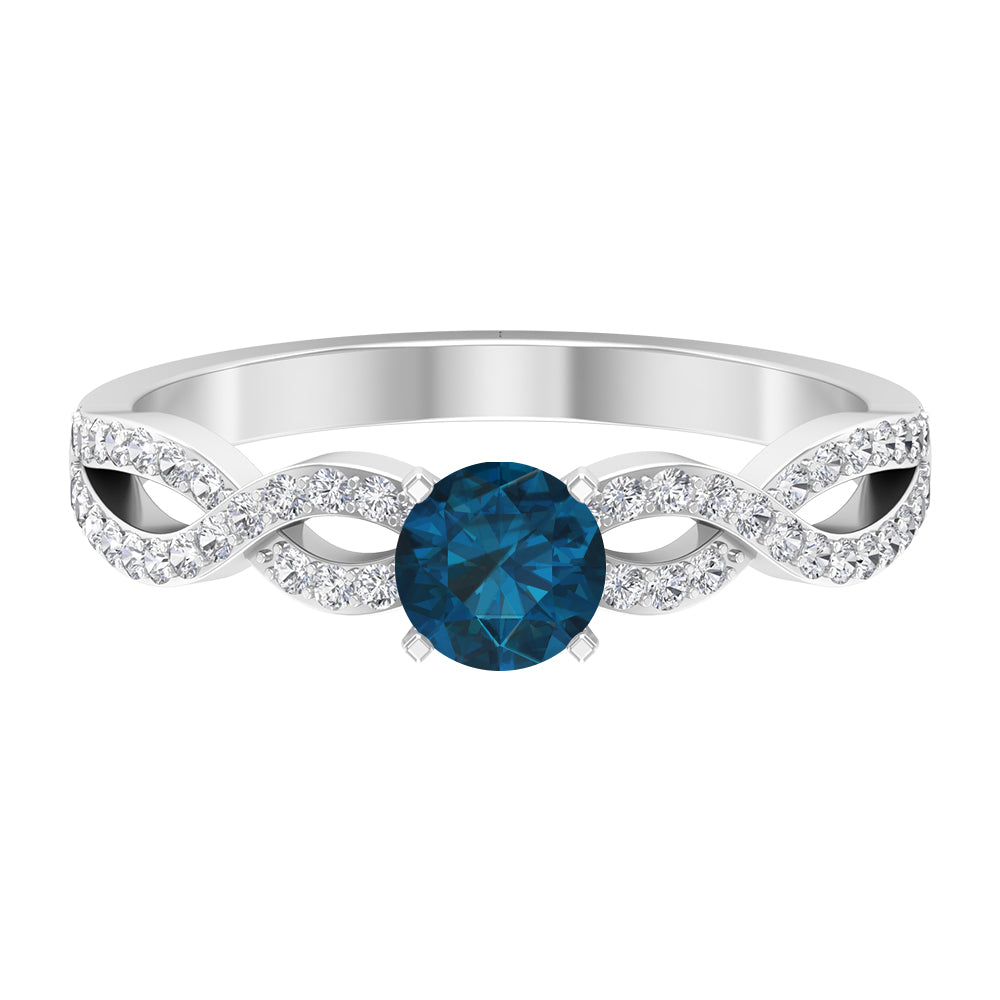 1 CT Round Shape London Blue Topaz and Diamond Criss Cross Ring London Blue Topaz - ( AAA ) - Quality - Rosec Jewels