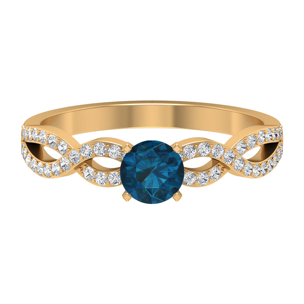 1 CT Round Shape London Blue Topaz and Diamond Criss Cross Ring London Blue Topaz - ( AAA ) - Quality - Rosec Jewels