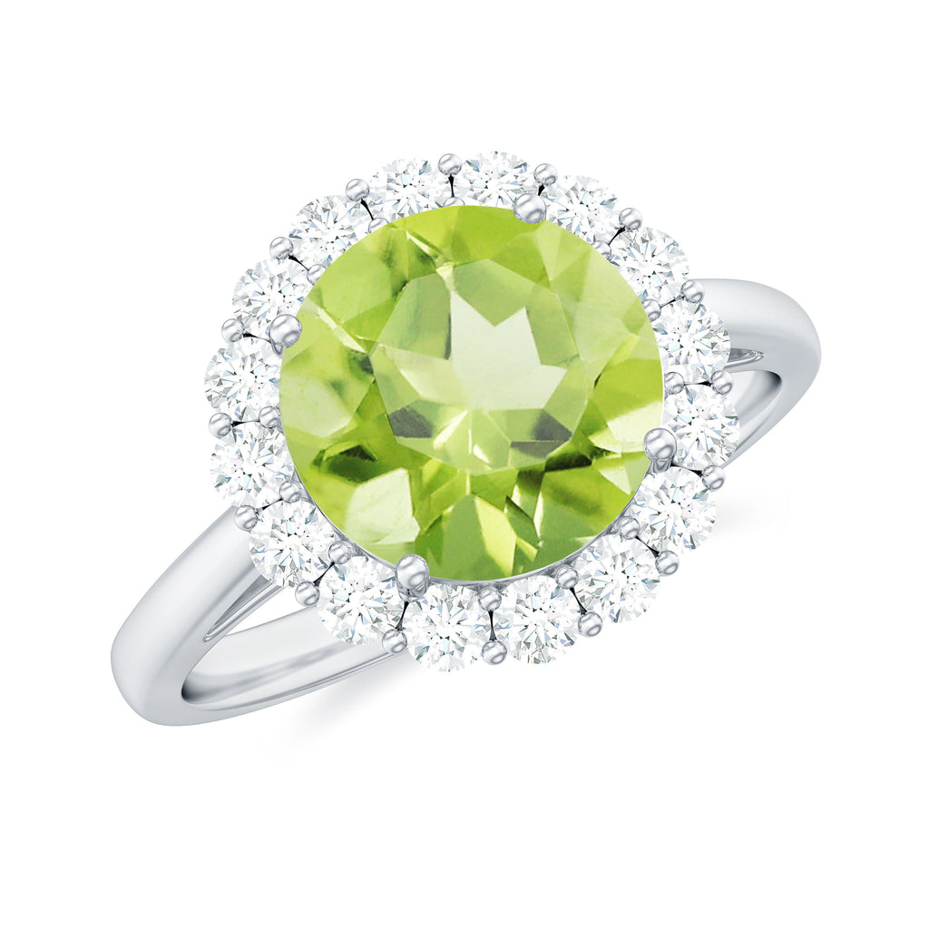 Round Peridot Simple Halo Engagement Ring with Diamond Peridot - ( AAA ) - Quality - Rosec Jewels