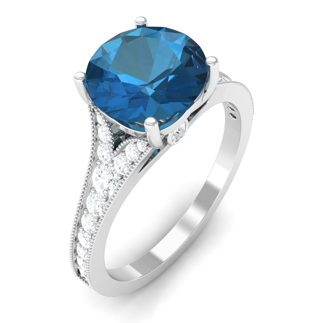 2.75 CT London Blue Topaz Engagement Ring with Diamond Side Stones London Blue Topaz - ( AAA ) - Quality - Rosec Jewels
