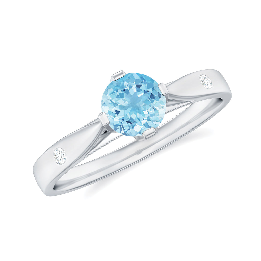 Natural Aquamarine Solitaire Promise Ring in Floral Setting Aquamarine - ( AAA ) - Quality - Rosec Jewels