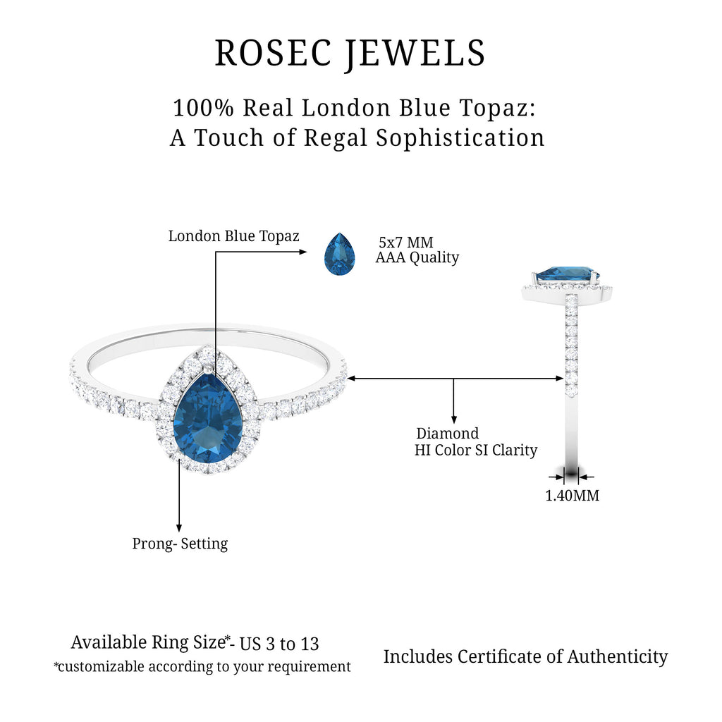 Pear Shape London Blue Topaz and Diamond Halo Ring London Blue Topaz - ( AAA ) - Quality - Rosec Jewels