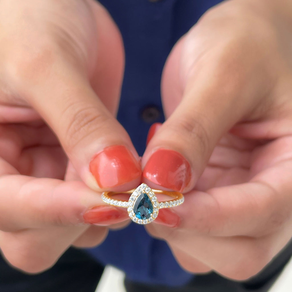 Pear Shape London Blue Topaz and Diamond Halo Ring London Blue Topaz - ( AAA ) - Quality - Rosec Jewels
