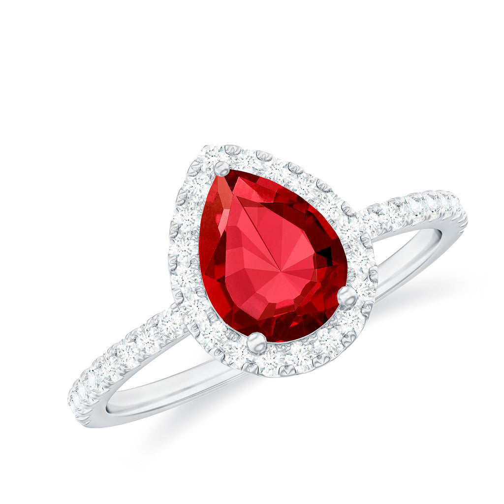 Lab Grown Ruby Teardrop Engagement Ring with Diamond Halo Lab Created Ruby - ( AAAA ) - Quality - Rosec Jewels