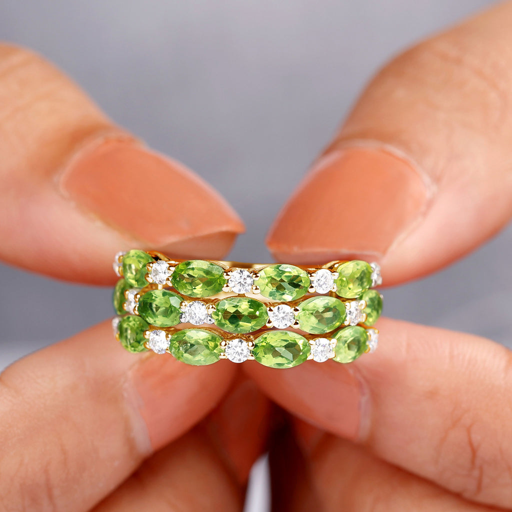 Oval Peridot Statement Ring with Moissanite Peridot - ( AAA ) - Quality - Rosec Jewels