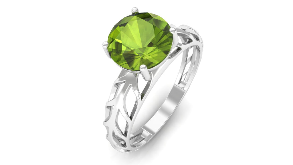 8 MM Round Peridot Solitaire Gold Cut Work Ring in Prong Setting Peridot - ( AAA ) - Quality - Rosec Jewels