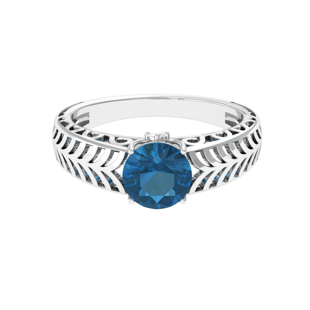 1.50 CT London Blue Topaz and Moissanite Ring, Topaz Solitaire Ring with Moissanite, Topaz Solitaire Gold Band Ring with Hidden Shank