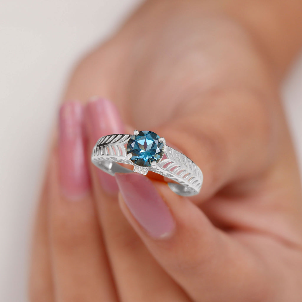 1.50 CT London Blue Topaz and Moissanite Ring, Topaz Solitaire Ring with Moissanite, Topaz Solitaire Gold Band Ring with Hidden Shank