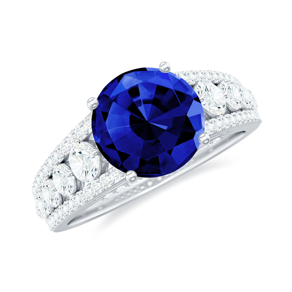 Solitaire Created Blue Sapphire Statement Engagement Ring with Moissanite Lab Created Blue Sapphire - ( AAAA ) - Quality - Rosec Jewels