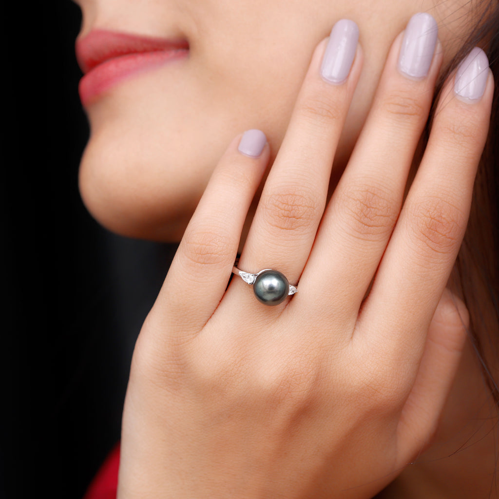 Round Tahitian Pearl Solitaire Ring with Pear Shape Moissanite Tahitian pearl - ( AAA ) - Quality - Rosec Jewels