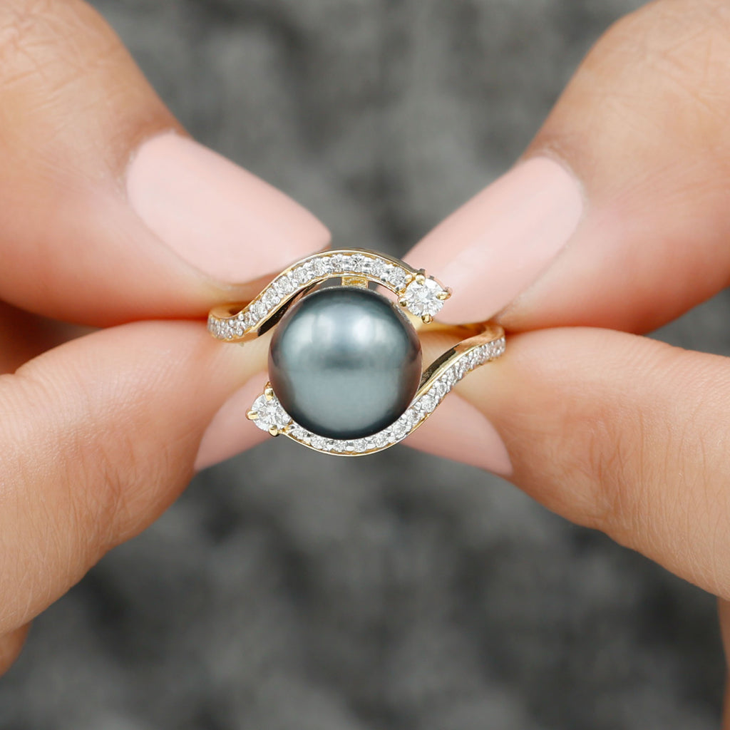 Solitaire Tahitian Pearl Bypass Engagement Ring with Diamond in Gold Tahitian pearl - ( AAA ) - Quality - Rosec Jewels