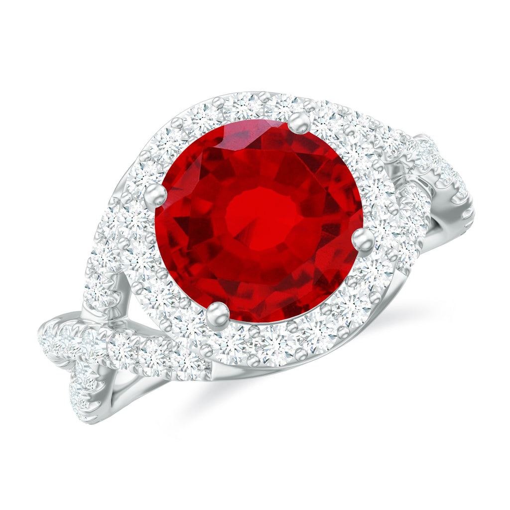 Classic Created Ruby Crossover Engagement Ring with Moissanite Accent Lab Created Ruby - ( AAAA ) - Quality - Rosec Jewels