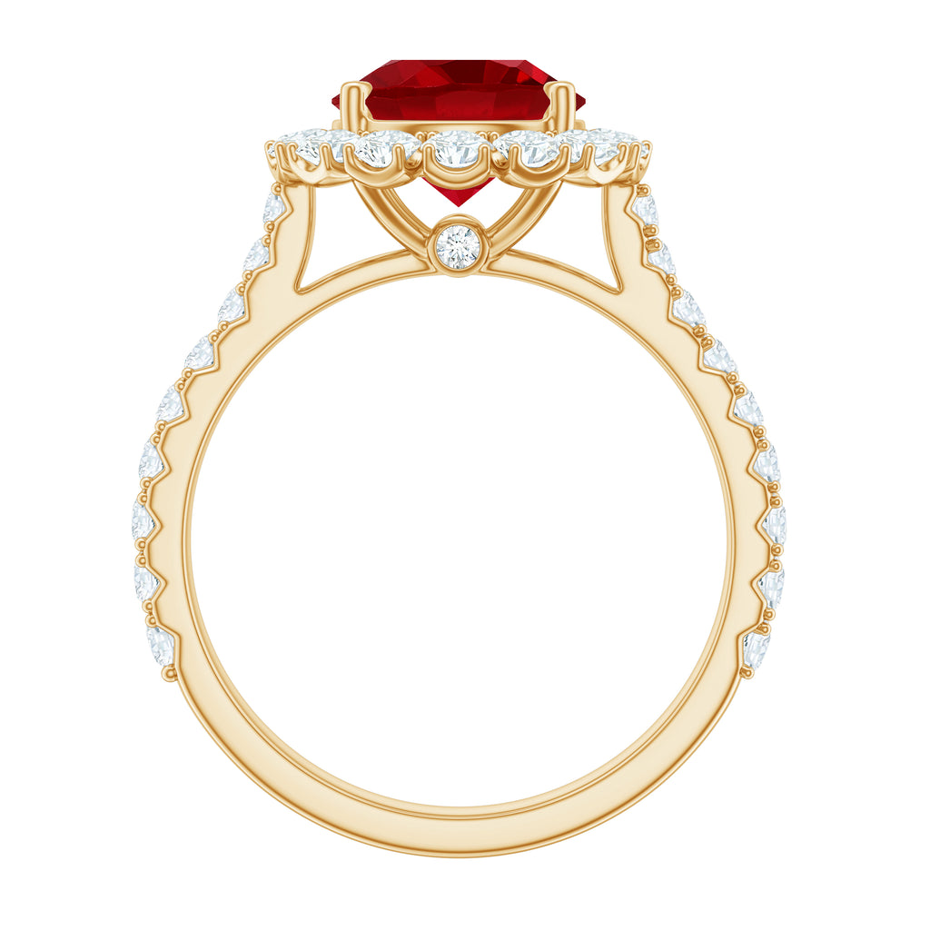 Created Ruby Classic Halo Engagement Ring with Moissanite in Gold Lab Created Ruby - ( AAAA ) - Quality - Rosec Jewels
