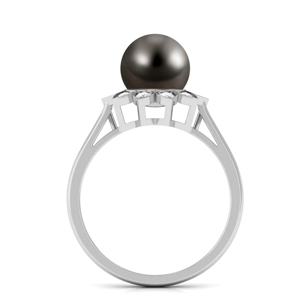 Tahitian Black Pearl Engagement Ring with Diamond Floral Halo Tahitian pearl - ( AAA ) - Quality - Rosec Jewels