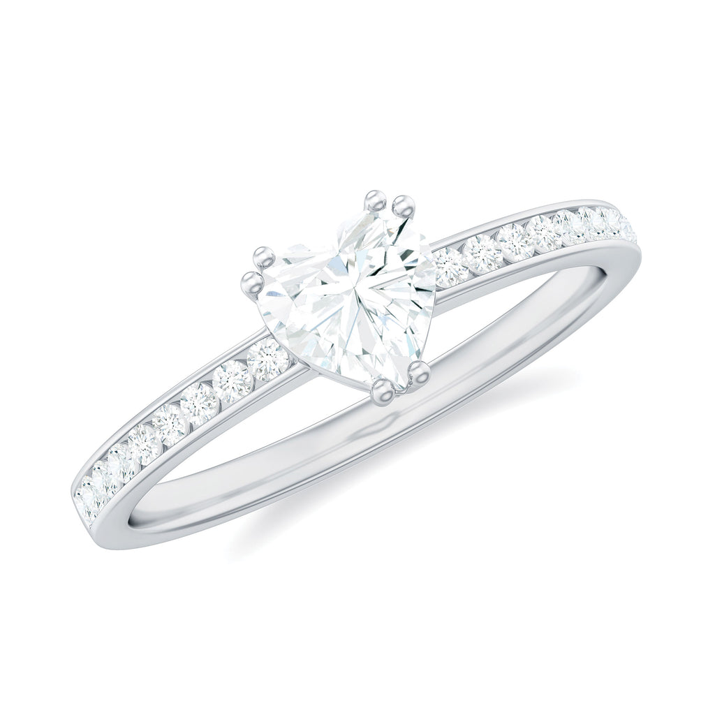 Solitaire Moissanite Heart Engagement Ring with Side Stones Moissanite - ( D-VS1 ) - Color and Clarity - Rosec Jewels