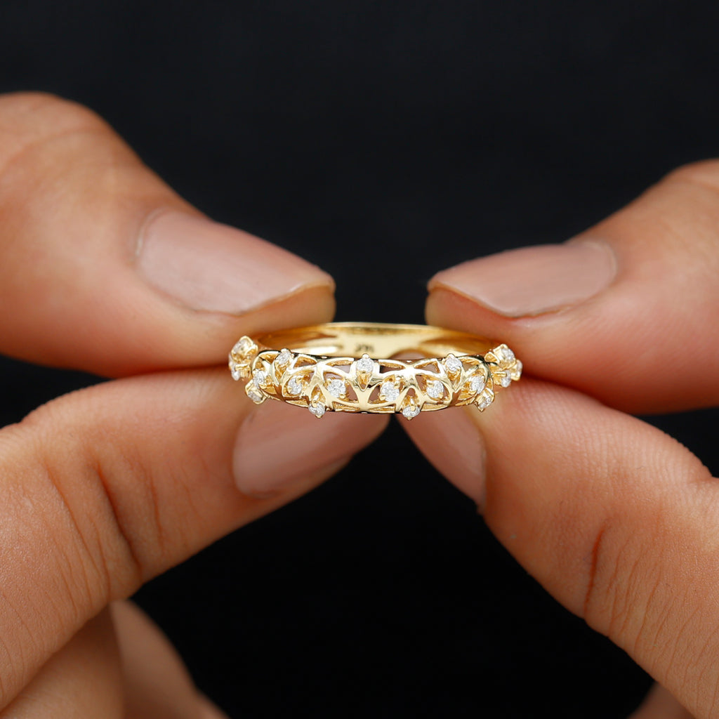 Round Moissanite Semi Eternity Band Ring with Gold Filigree Details Moissanite - ( D-VS1 ) - Color and Clarity - Rosec Jewels
