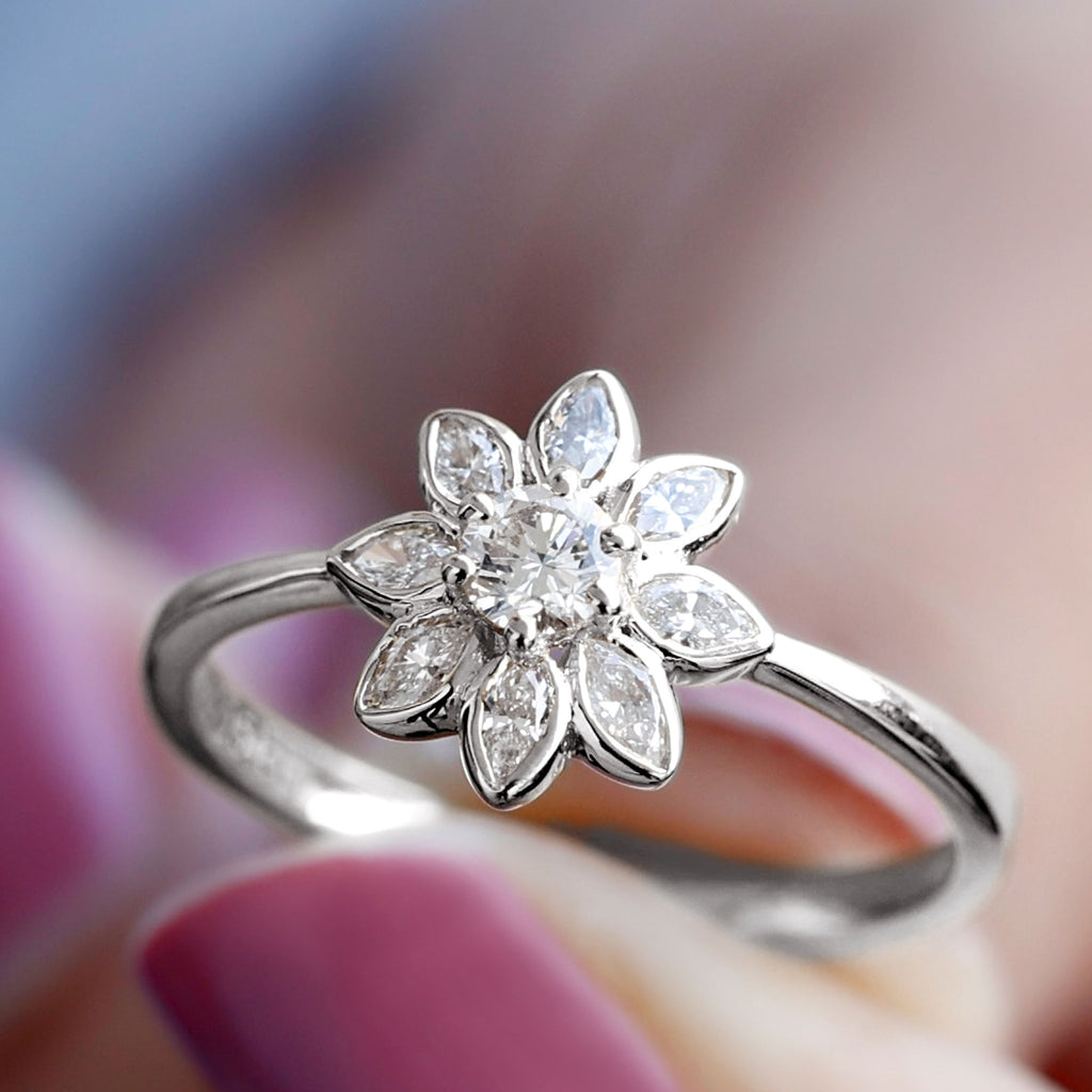Certified Moissanite Flower Ring Moissanite - ( D-VS1 ) - Color and Clarity - Rosec Jewels