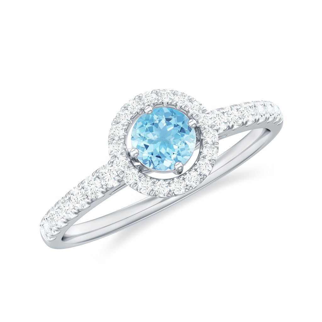 0.75 CT Aquamarine and Diamond Halo Engagement Ring Aquamarine - ( AAA ) - Quality - Rosec Jewels