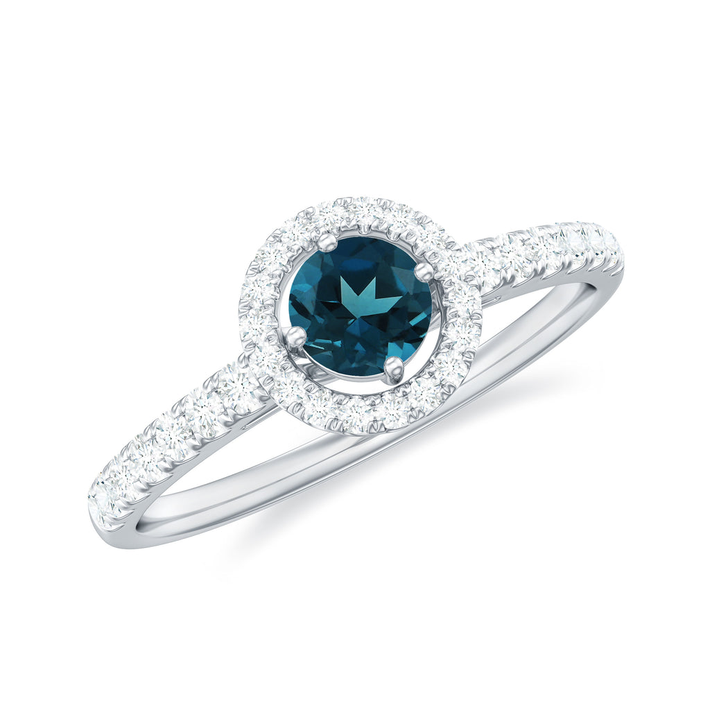 0.75 CT London Blue Topaz and Diamond Halo Engagement Ring London Blue Topaz - ( AAA ) - Quality - Rosec Jewels