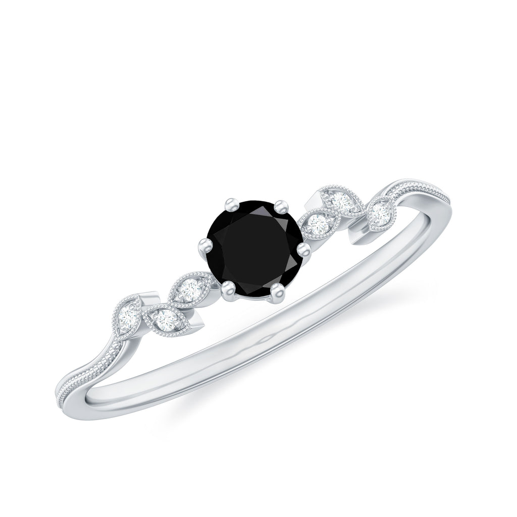 Prong Set Black Onyx and Beaded Diamond Promise Ring Black Onyx - ( AAA ) - Quality - Rosec Jewels