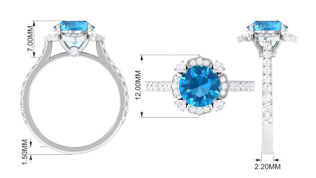 3 CT Swiss Blue Topaz and Moissanite Floral Engagement Ring for Her Swiss Blue Topaz - ( AAA ) - Quality - Rosec Jewels
