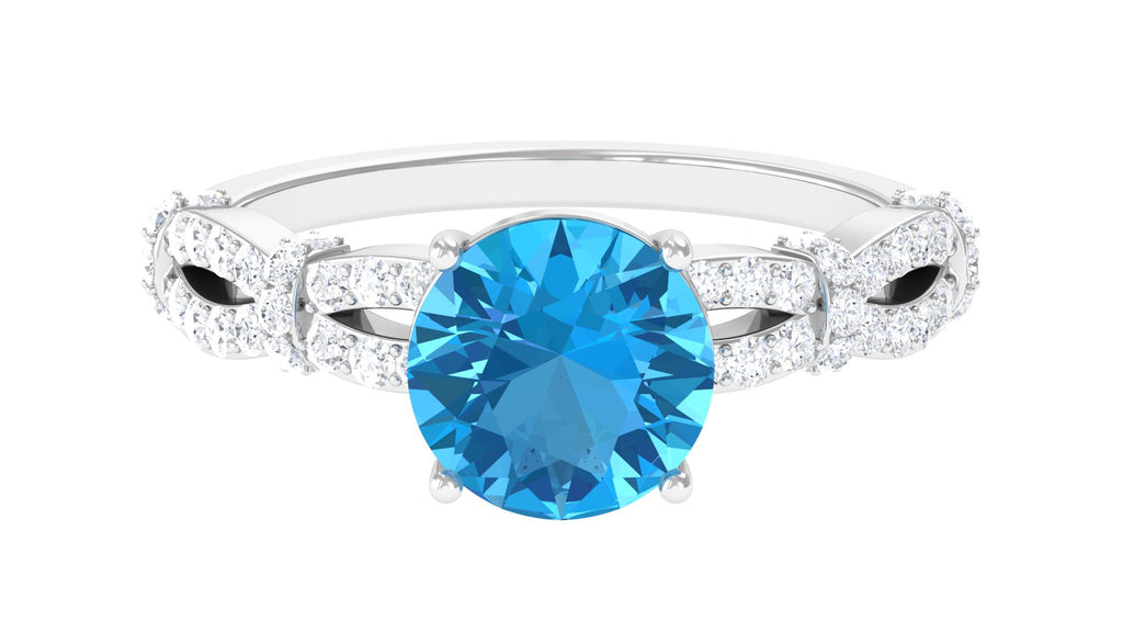 Swiss Blue Topaz and Diamond Solitaire Engagement Ring with Criss Cross Shank Swiss Blue Topaz - ( AAA ) - Quality - Rosec Jewels