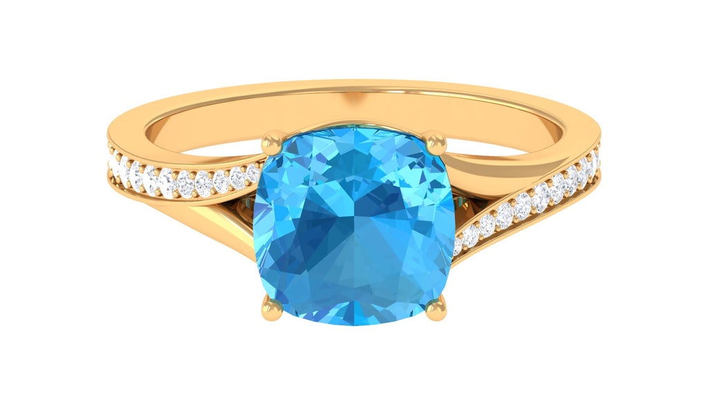 Cushion Cut Swiss Blue Topaz and Diamond Solitaire Ring with Split Shank Swiss Blue Topaz - ( AAA ) - Quality - Rosec Jewels