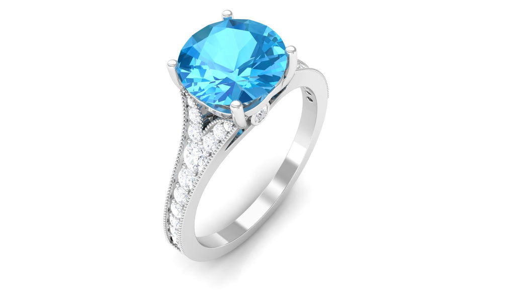 Genuine Swiss Blue Topaz Engagement Ring with Diamond Side Stones Swiss Blue Topaz - ( AAA ) - Quality - Rosec Jewels